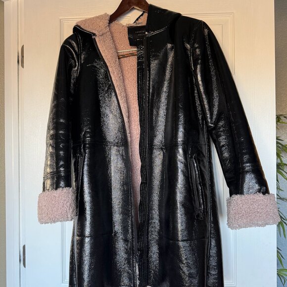 Sanctuary Black Patent Leather w Pink Shearling Lined Hooded Coat - Picture 8 of 8